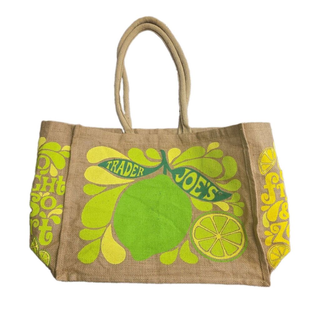 Trader Joe's Citrus Jute Tote Bag Lemon Lime Double Handle Reusable Grocery Bag
